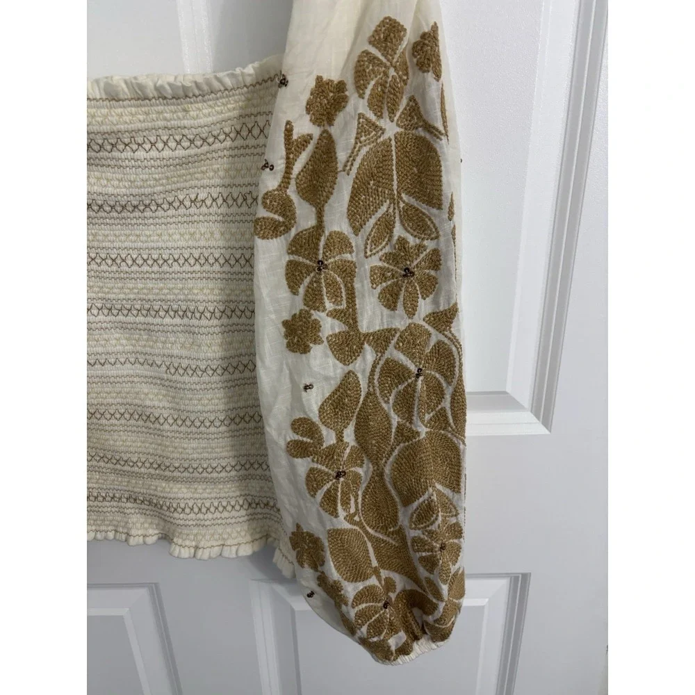 Anthropologie ivory gold embroidered blouse with balloon sleeves XL‎